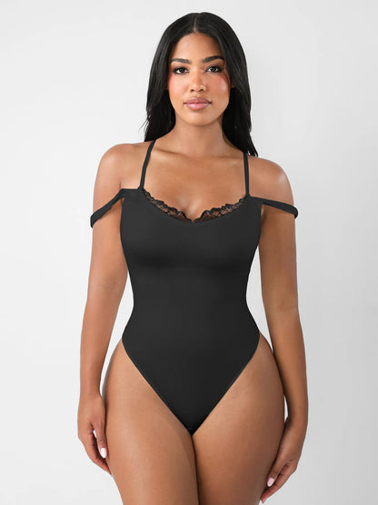Lace-Trimmed Deep V Bodysuit