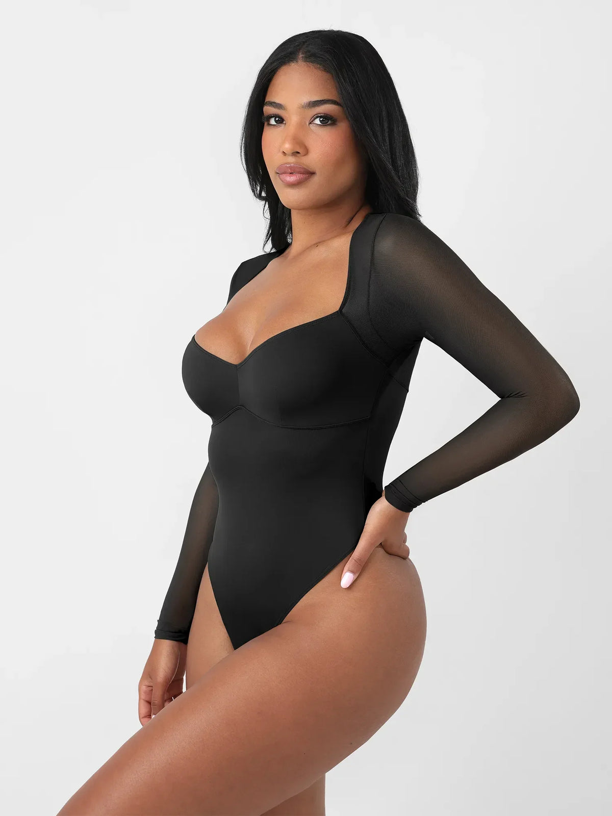 Mesh Panel V-Neck Thong Bodysuit