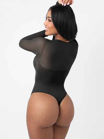 Mesh Panel V-Neck Thong Bodysuit