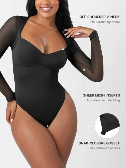 Mesh Panel V-Neck Thong Bodysuit
