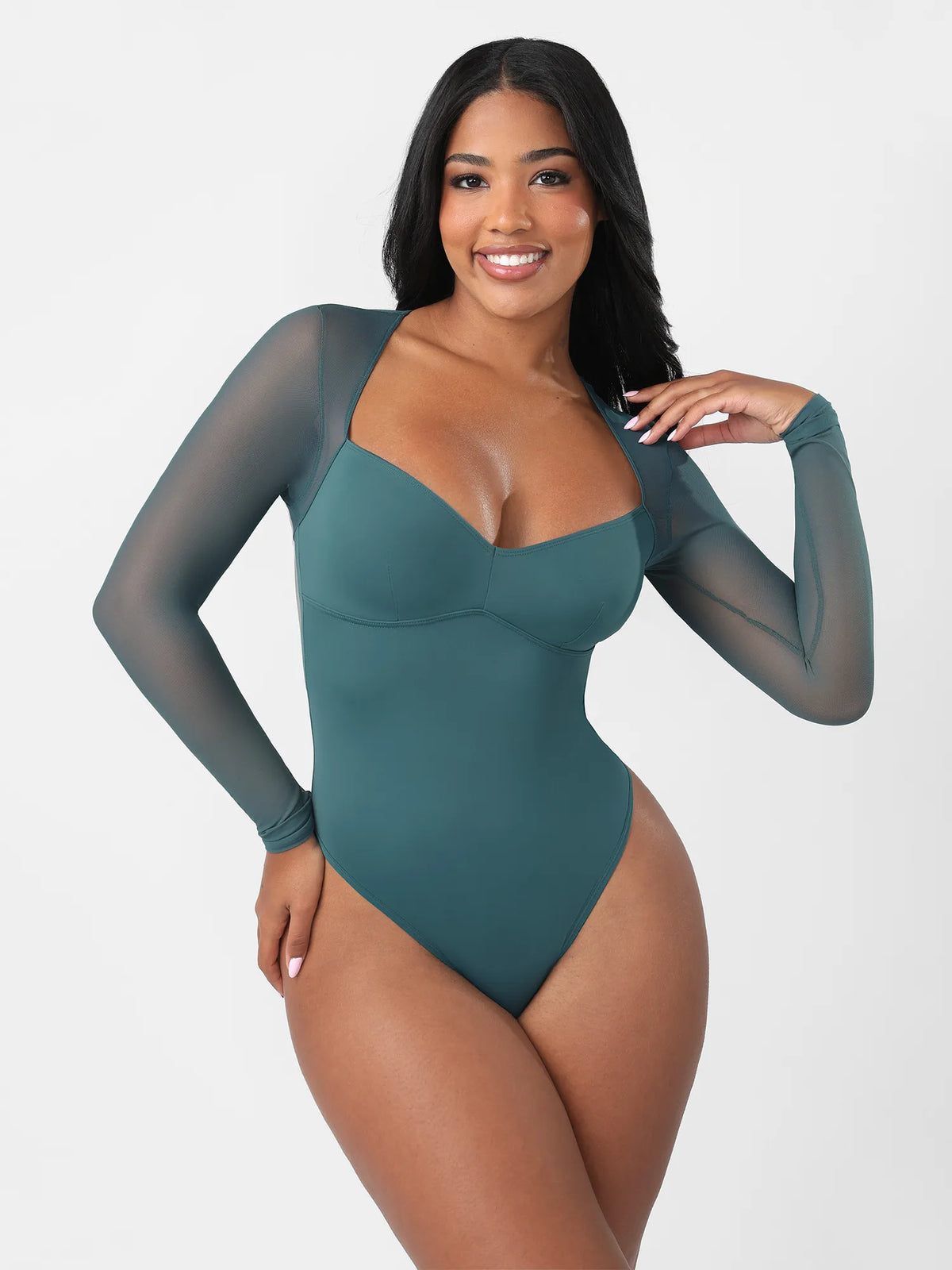 Mesh Panel V-Neck Thong Bodysuit