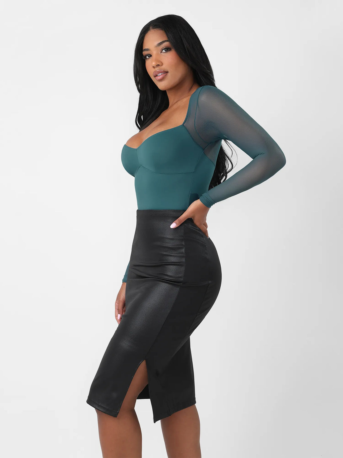 Mesh Panel V-Neck Thong Bodysuit