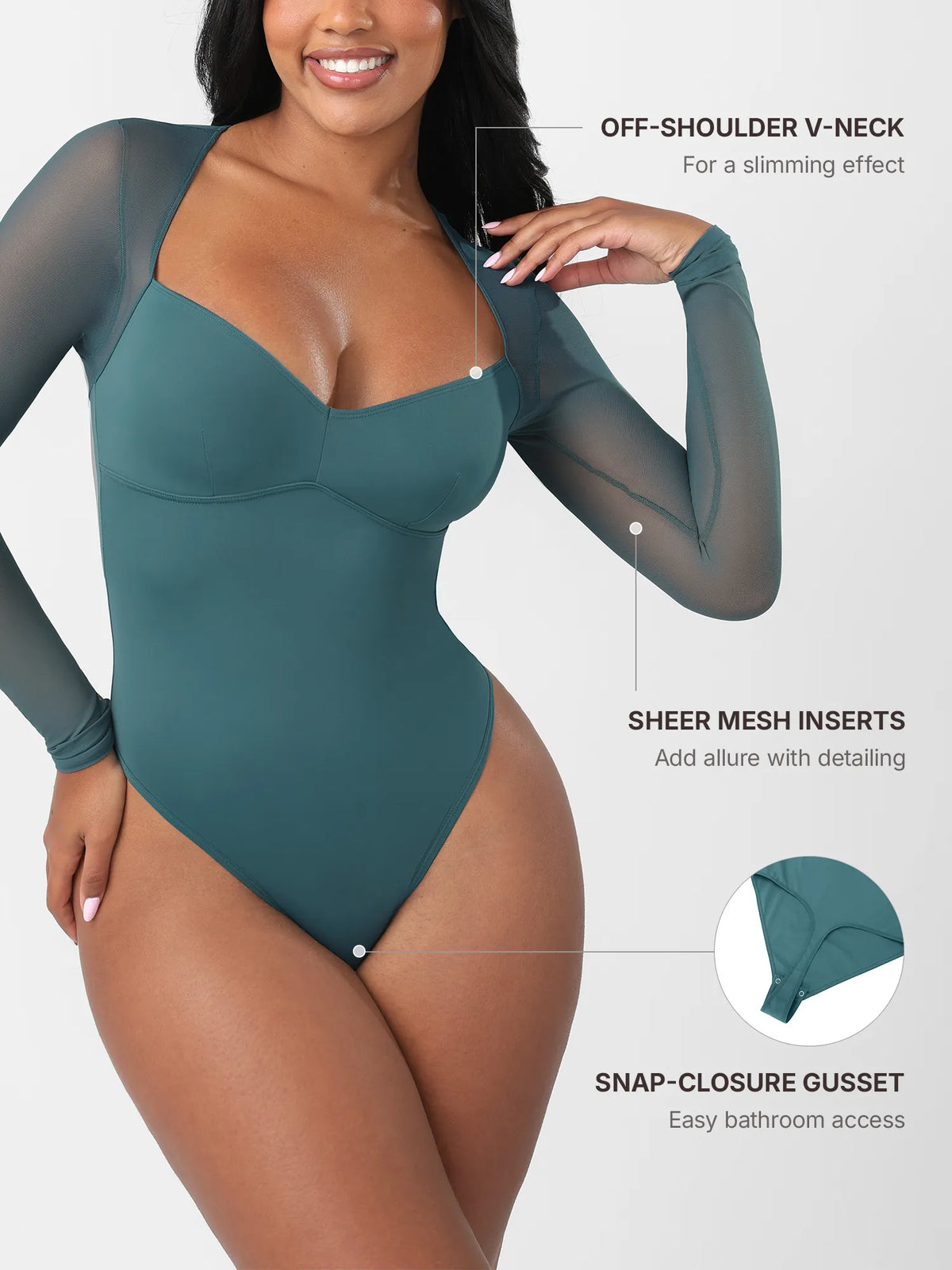 Mesh Panel V-Neck Thong Bodysuit