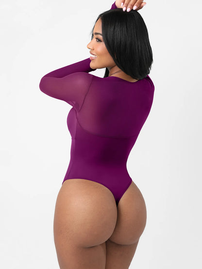 Mesh Panel V-Neck Thong Bodysuit