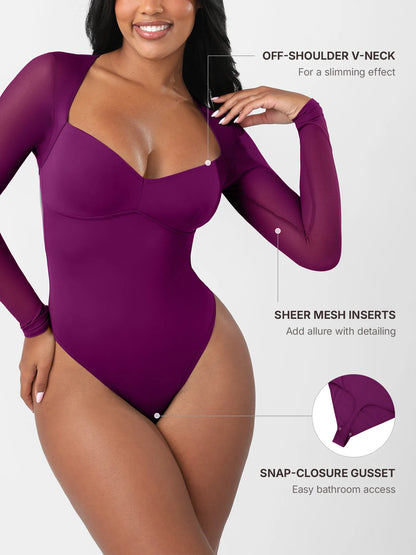 Mesh Panel V-Neck Thong Bodysuit