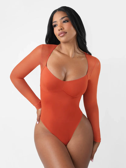 Mesh Panel V-Neck Thong Bodysuit