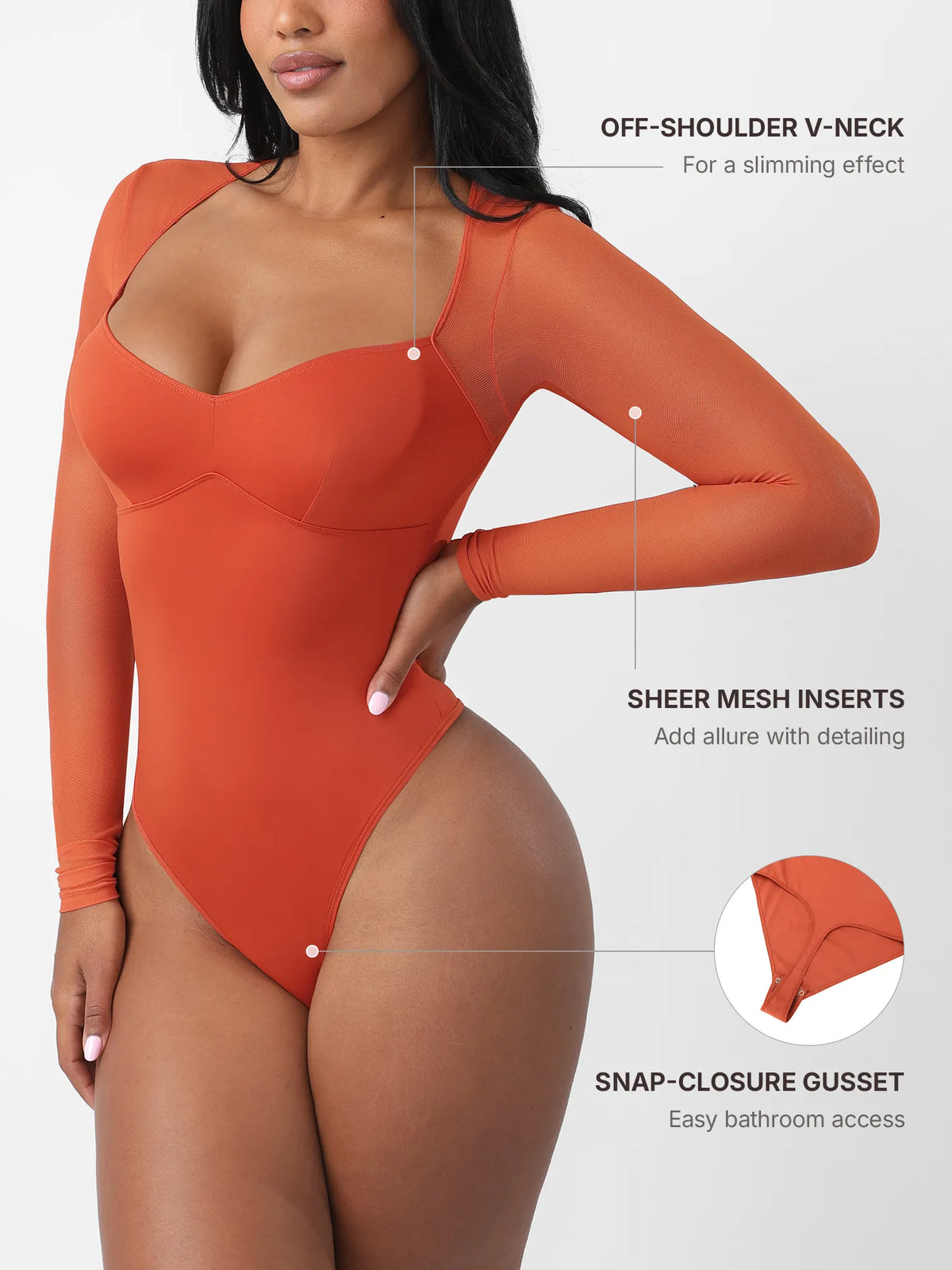 Mesh Panel V-Neck Thong Bodysuit