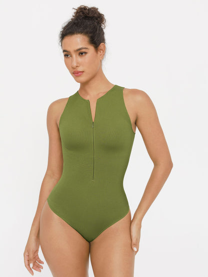 Crew Neck Invisible Zip Ribbed Seamless Bodysuit