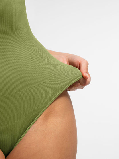 Crew Neck Invisible Zip Ribbed Seamless Bodysuit