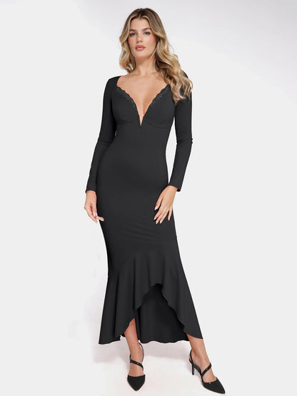 Shapewear Long Sleeve Lace Trim Sculpting Mermaid Maxi Dress