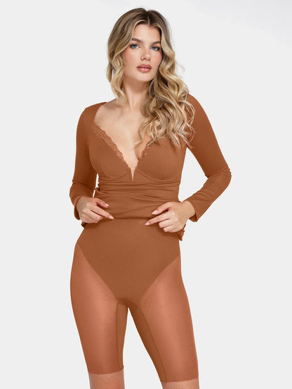 Shapewear Long Sleeve Lace Trim Sculpting Mermaid Maxi Dress