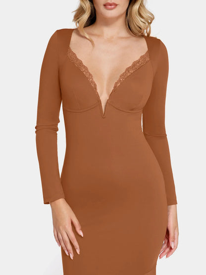 Shapewear Long Sleeve Lace Trim Sculpting Mermaid Maxi Dress