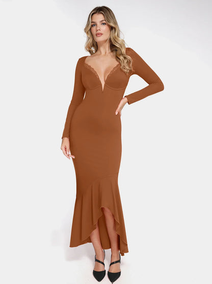 Shapewear Long Sleeve Lace Trim Sculpting Mermaid Maxi Dress