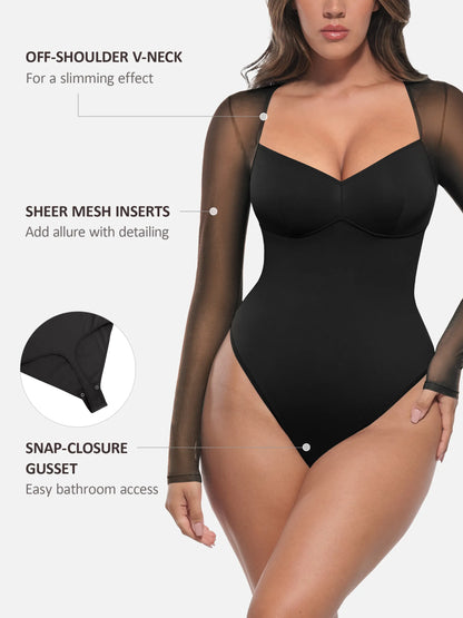 Mesh Panel V-Neck Bodysuit [BOGO]