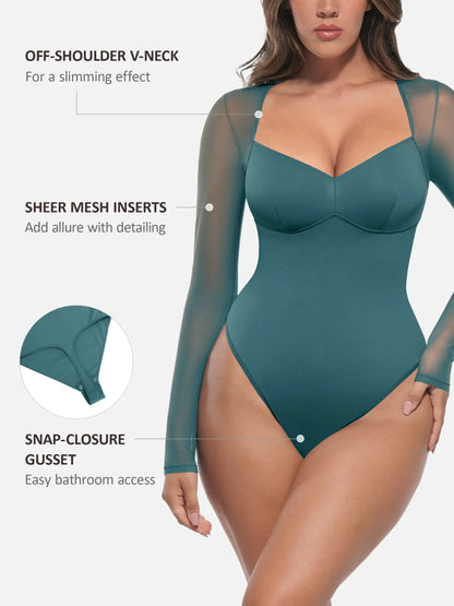 Mesh Panel V-Neck Bodysuit [BOGO]