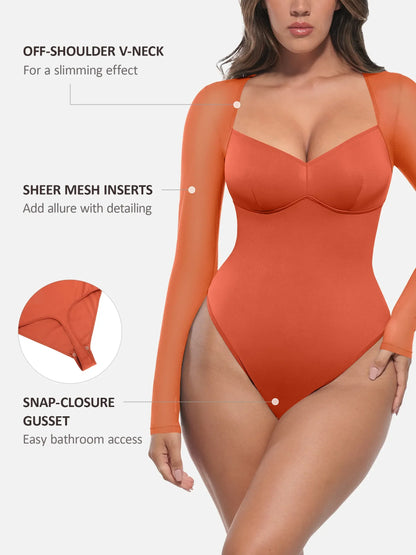 Mesh Panel V-Neck Bodysuit [BOGO]