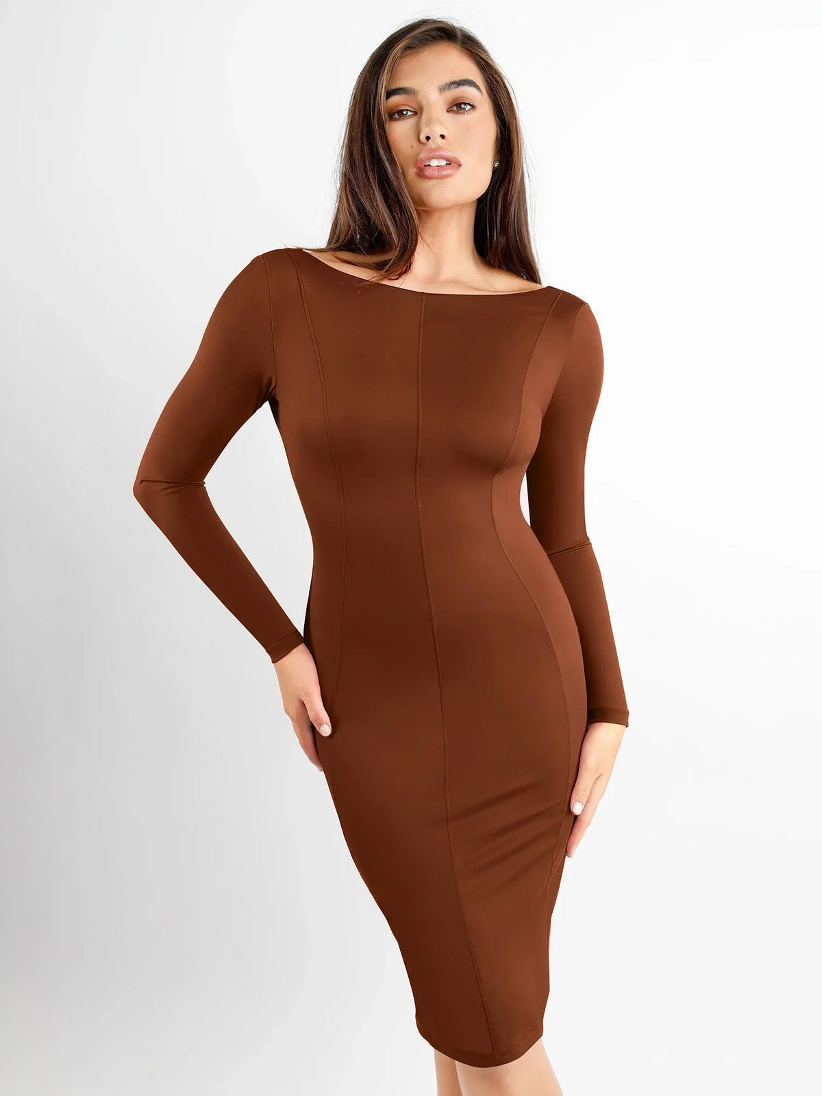 Shapewear Long Sleeve Boat Neck Sculpting Midi Dress