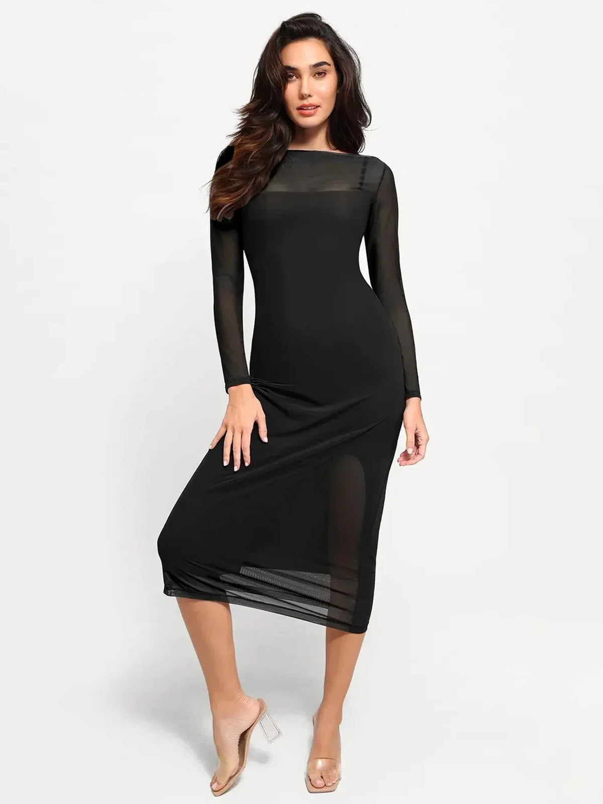 Shapewear Slimming Midi Dress and Sheer Mesh Overlay Set