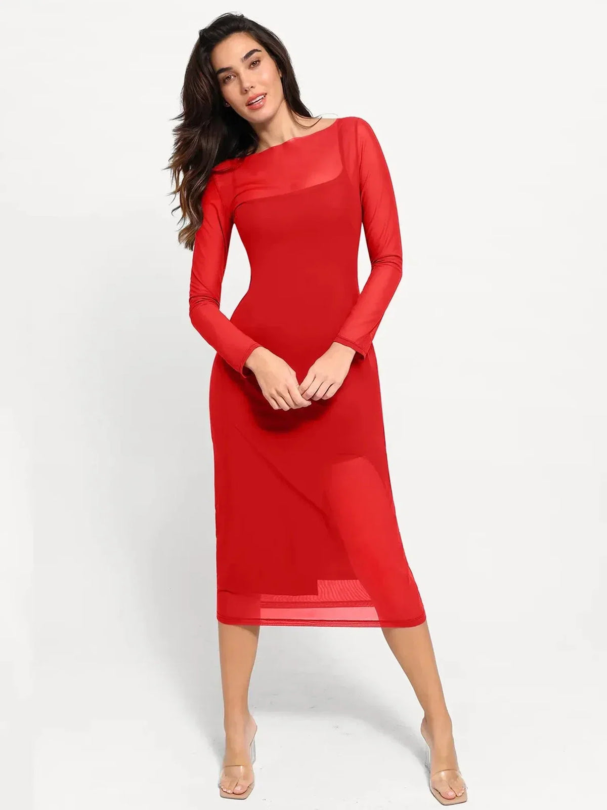 Shapewear Slimming Midi Dress and Sheer Mesh Overlay Set