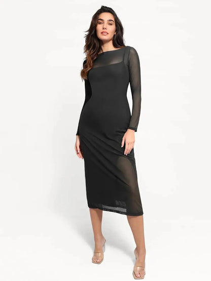 Shapewear Slimming Midi Dress and Sheer Mesh Overlay Set