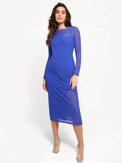 Shapewear Slimming Midi Dress and Sheer Mesh Overlay Set