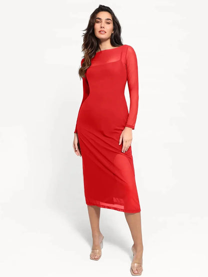 Shapewear Slimming Midi Dress and Sheer Mesh Overlay Set
