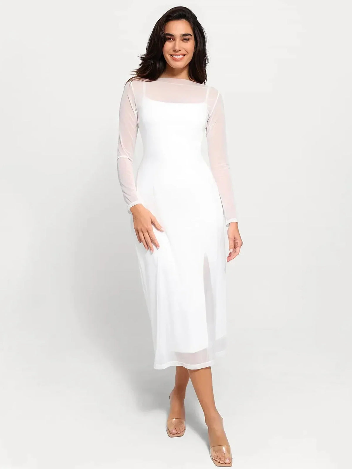 Shapewear Slimming Midi Dress and Sheer Mesh Overlay Set